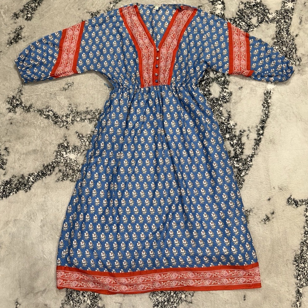 J Crew V Neck Cover Up Dress Womens Size S Blue Red Floral Block Print Boho Midi